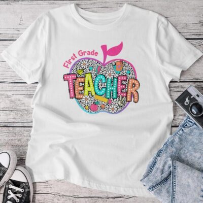 1St Grade Teacher Back To School Apple Dalmatian Dots Unisex T-shirt Cotton Tee