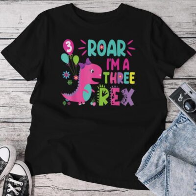 3Rd Birthday Dinosaur Girl T-Rex Matching Family Party Three Unisex T-shirt Cotton Tee