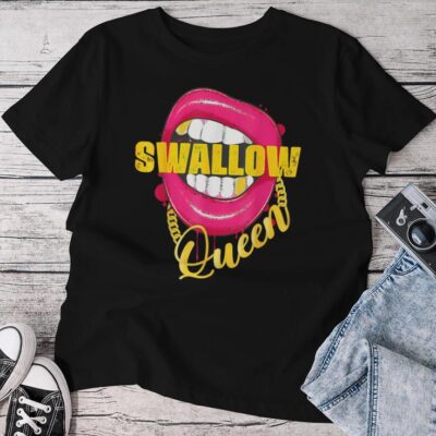 Adult Humor Swallow Queen Lips Golden Necklace Naughty Queen Unisex T-shirt Cotton Tee