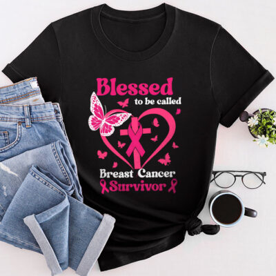 Blessed To Be Called Breast Cancer Survivor Pink Butterfly Unisex T-Shirt Cotton Tee TFN1112