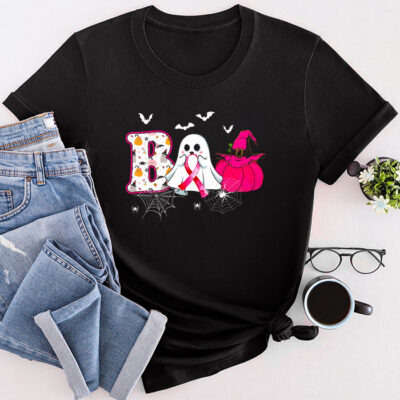 Boo Halloween Pumpkin Pink Ribbon Witch Breast Cancer Unisex T-Shirt Cotton Tee TFN1118