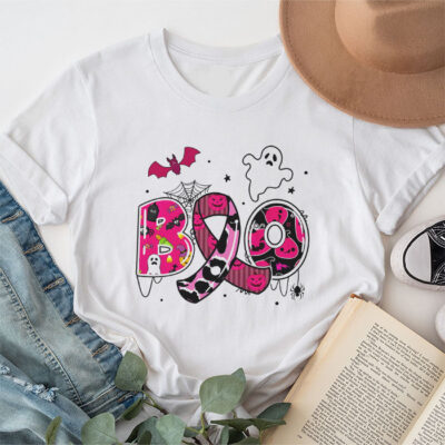 Boo Halloween Pumpkin Pink Ribbon Witch Breast Cancer Unisex T-Shirt Cotton Tee TFN1119