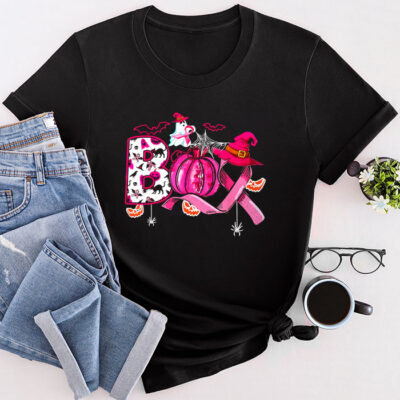 Boo Halloween Pumpkin Pink Ribbon Witch Breast Cancer Unisex T-Shirt Cotton Tee TFN1120