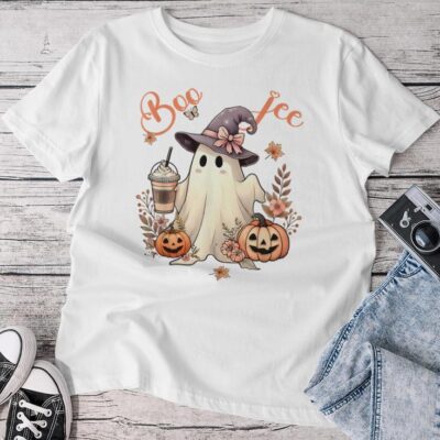 Boo Jee Ghost Drinking Coffee Coquette Bow Halloween Unisex T-shirt Cotton Tee