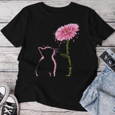 Breast Cancer Awareness Pink Ribbon Daisy Flower Cat Lovers Unisex T-shirt Cotton Tee