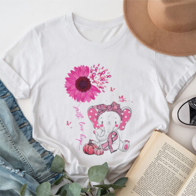 Breast Cancer Cute Elephant With Sunflower And Pink Ribbon Unisex T-Shirt Cotton Tee TFN1099