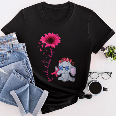 Breast Cancer Cute Elephant With Sunflower And Pink Ribbon Unisex T-Shirt Cotton Tee TFN1101