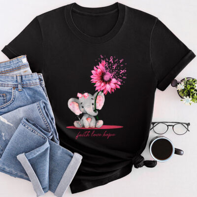 Breast Cancer Cute Elephant With Sunflower And Pink Ribbon Unisex T-Shirt Cotton Tee TFN1103