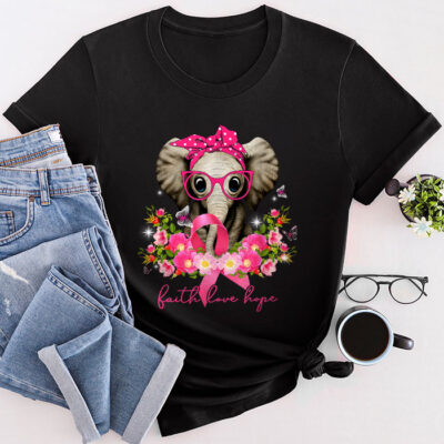 Breast Cancer Cute Elephant With Sunflower And Pink Ribbon Unisex T-Shirt Cotton Tee TFN1105