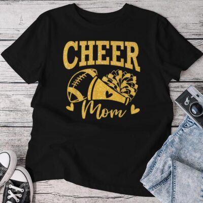 Cheer Mom Biggest Fan Black Gold Pom Pom Unisex T-shirt Cotton Tee