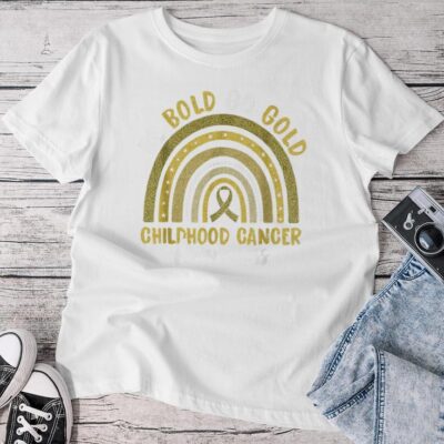 Childhood Be Bold Go Gold Childhood Cancer Awareness Rainbow Unisex T-shirt Cotton Tee