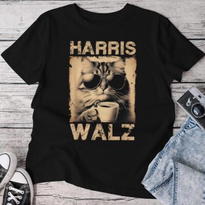 Coffee Cat Harris Walz 2024 Childless Cat Lady Vintage Unisex T-shirt Cotton Tee