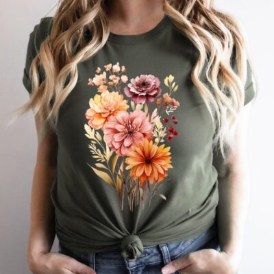 Cottagecore Shirt Boho Wildflowers Autumn Aesthetic Green Witch Tee EST2009