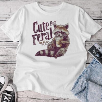 Cute But Feral Raccoon Drinking Coffee Vintage Unisex T-shirt Cotton Tee