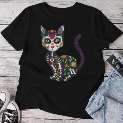 Cute Sugar Skull Mexican Cat Halloween Day Of The Dead Unisex T-shirt Cotton Tee