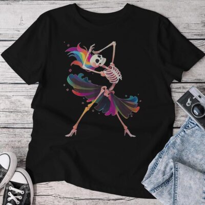 Dancing Skeleton Rainbow Ballerina Halloween Unisex T-shirt Cotton Tee