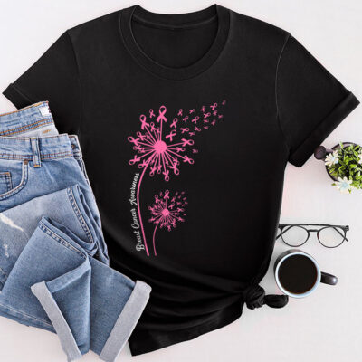 Dandelion Breast Cancer Awareness Pink Ribbon Support Gift Unisex T-Shirt Cotton Tee TFN1097