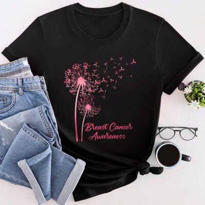 Dandelion Breast Cancer Awareness Pink Ribbon Support Gift Unisex T-Shirt Cotton Tee TFN1098