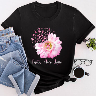 Faith Hope Love Pink Ribbon Breast Cancer Awareness Unisex T-Shirt Cotton Tee TFN1067