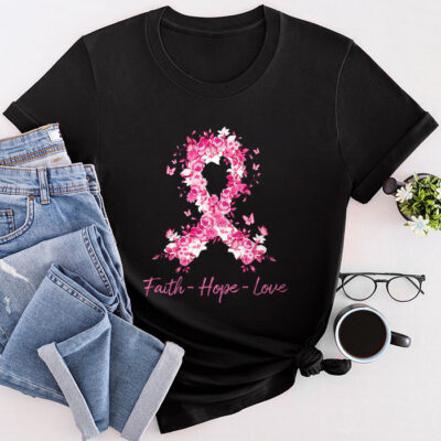 Faith Hope Love Pink Ribbon Breast Cancer Awareness Unisex T-Shirt Cotton Tee TFN1068