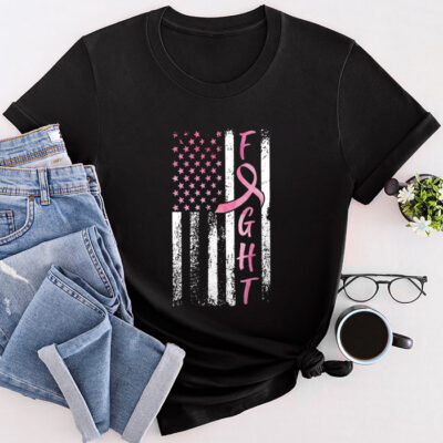 Fight Breast Survivor American Flag Breast Cancer Awareness Unisex T-Shirt Cotton Tee TFN1140