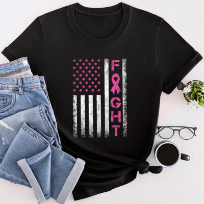 Fight Breast Survivor American Flag Breast Cancer Awareness Unisex T-Shirt Cotton Tee TFN1141