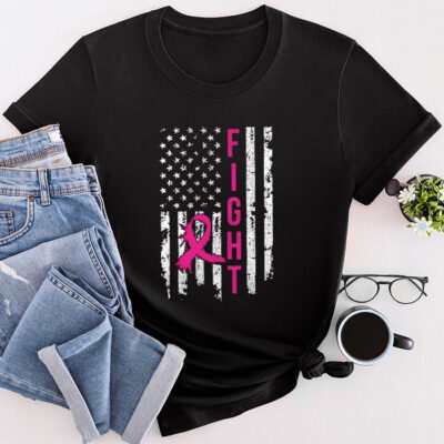 Fight Breast Survivor American Flag Breast Cancer Awareness Unisex T-Shirt Cotton Tee TFN1142