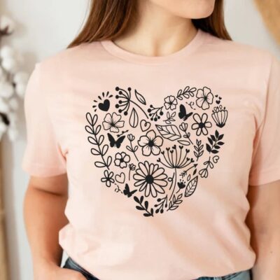 Flower HearT-Shirt Cotton Tee Wildflower Botanical Plant Lady Boho Gift Tee EST1079