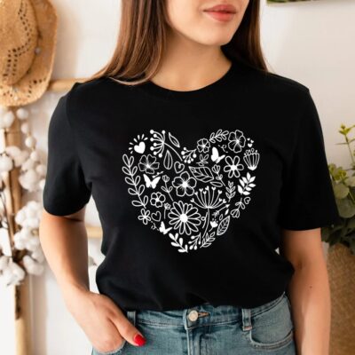 Flower HearT-Shirt Cotton Tee Wildflower Botanical Plant Lady Boho Gift Tee EST2079