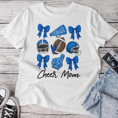 Football Coquette Bow Cheer Mom Blue Unisex T-shirt Cotton Tee