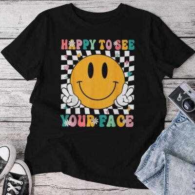 Groovy Back To School Teachers Happy To See Your Face Unisex T-shirt Cotton Tee