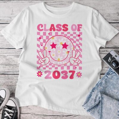 Groovy Class Of 2037 Grow With Me Smile Face Back To School Unisex T-shirt Cotton Tee