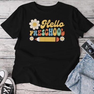 Groovy Hello Preschool Back To School Boys Girls Teachers Unisex T-shirt Cotton Tee