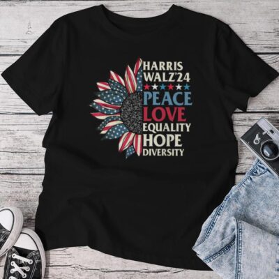 Harris Waltz 2024 Peace Love Equality Hope Us Flag Sunflower Unisex T-shirt Cotton Tee