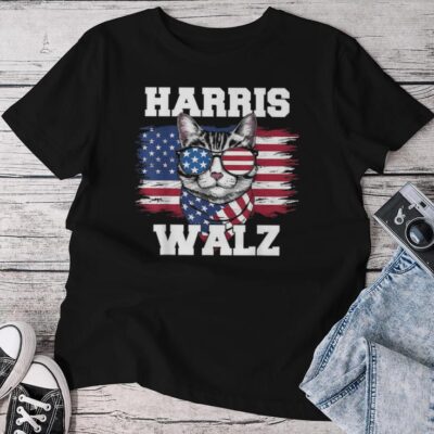 Harris Walz Childless Cat Lady US Flag Cat Meme Unisex T-shirt Cotton Tee