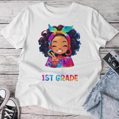 Hello 1St Grade Back To School Black Messy Hair Bun Girl Unisex T-shirt Cotton Tee