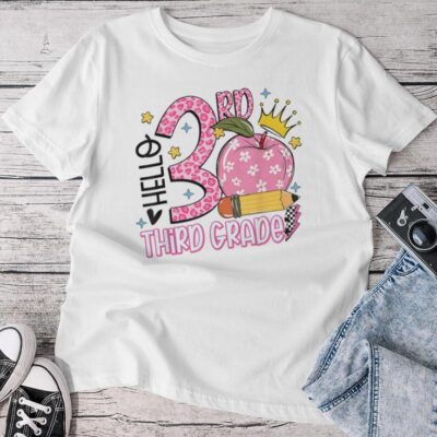 Hello 3Rd Third Grade Back To School Pink Leopard Teacher Unisex T-shirt Cotton Tee