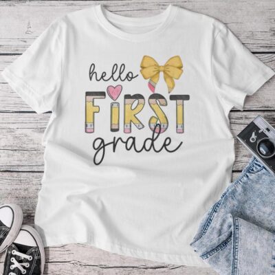 Hello First Grade Teacher Coquette Pencil Bow Back To School Unisex T-shirt Cotton Tee