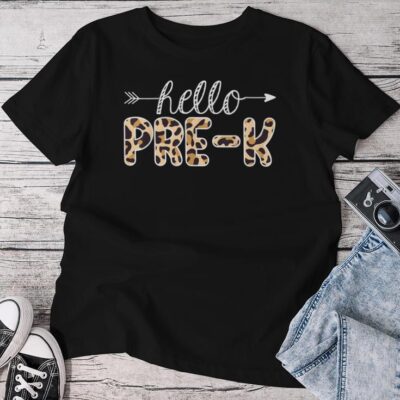 Hello Pre-K Leopard Print Pre-K Teacher Boys Girls Unisex T-shirt Cotton Tee