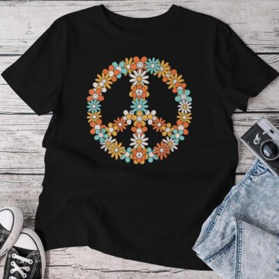 Hippie Peace Sign Groovy Flower 60S 70S Retro Outfit Unisex T-shirt Cotton Tee