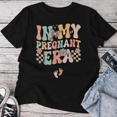 In My Pregnant Era Groovy Pregnancy Reveal Unisex T-shirt Cotton Tee