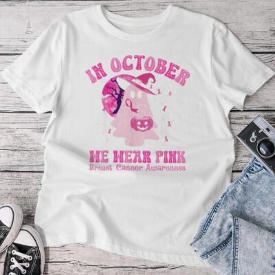 In October We Wear Pink Breast Cancer Ghost Halloween Unisex T-shirt Cotton Tee