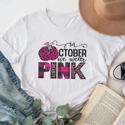 In October We Wear Pink Breast Cancer Pumpkin Halloween Unisex T-Shirt Cotton Tee TFN1125