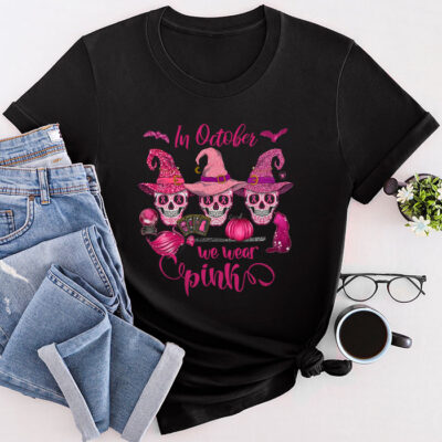 In October We Wear Pink Sugar Skull Unisex T-Shirt Cotton Tee Breast Cancer Unisex T-Shirt Cotton Tee TFN1069