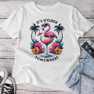 It's 5 O'clock Somewhere Flamingo Beach Vacation Drinking Unisex T-shirt Cotton Tee