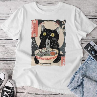 Kawaii Cat Eating Ramen Noodles Anime Girls Ns Unisex T-shirt Cotton Tee