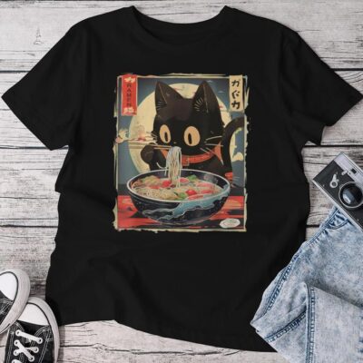 Kawaii Cat Eating Ramen Noodles Anime Girls Ns Unisex T-shirt Cotton Tee