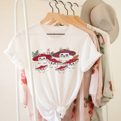 Mushroom CaT-Shirt Cotton Tee Goblincore Cottagecore Nature Lover Cat Gift Tee EST1088