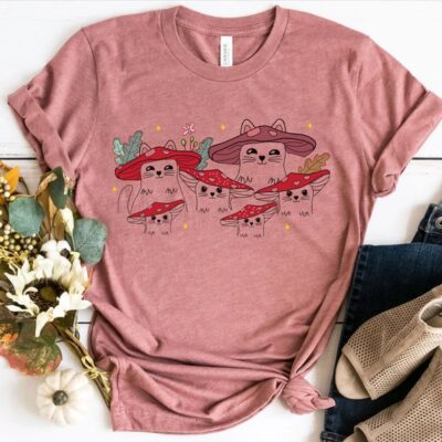 Mushroom CaT-Shirt Cotton Tee Goblincore Cottagecore Nature Lover Cat Gift Tee EST2088