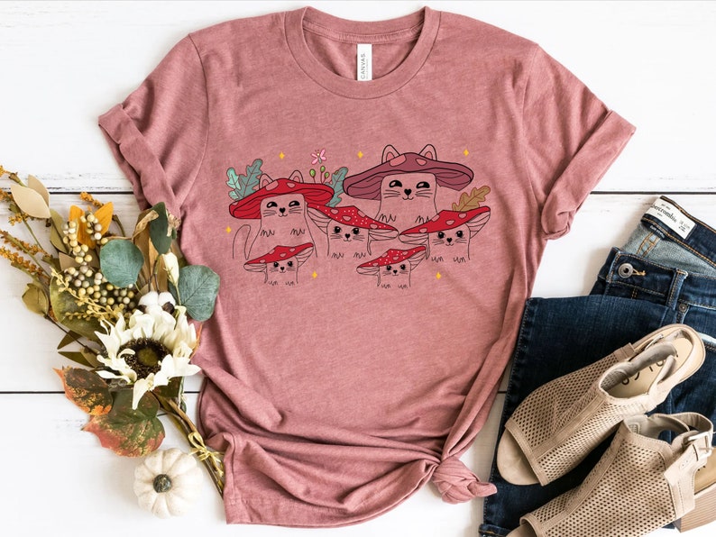 Mushroom CaT-Shirt Cotton Tee Goblincore Cottagecore Nature Lover Cat Gift Tee EST2088